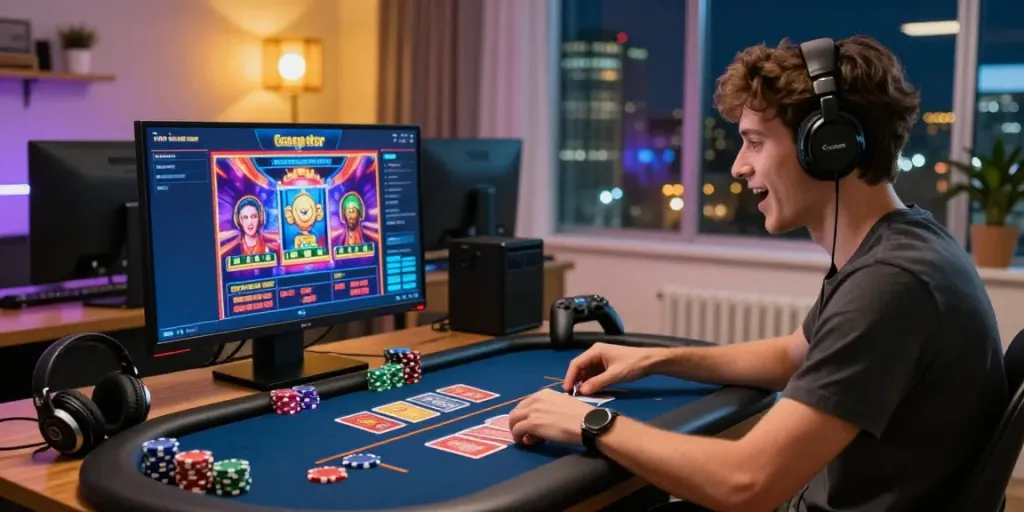 Young adult enjoying a non Gamstop casino experience at home, vibrant gaming scene.