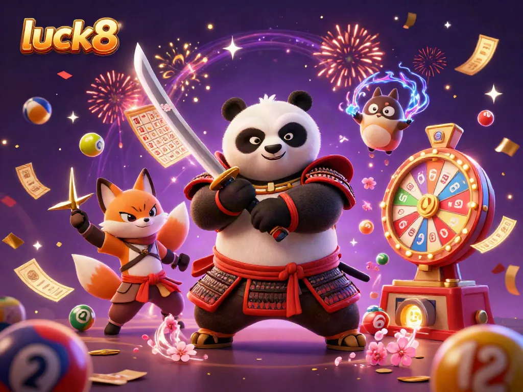 Experience casino excitement with luck8 in a vibrant 3D illustration featuring dynamic lottery elements.