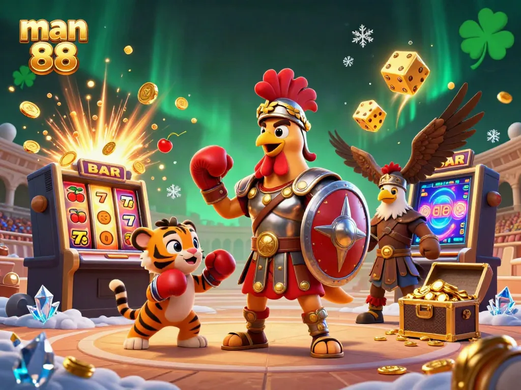 Experience thrilling gameplay with man 88, featuring a dynamic 3D scene of slot machines and gaming excitement.