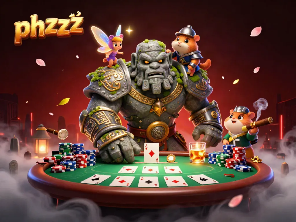 Engage in high-stakes poker magic with phzzz, featuring a lively golem, fairy, and hamster knight.