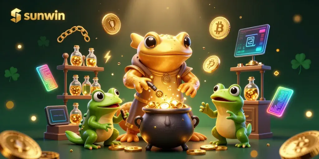 Experience the thrill of sunwin as characters transform base metals into gold coins amid a captivating casino scene.