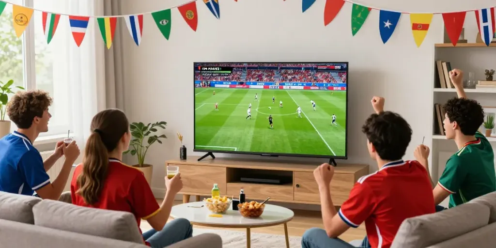 Fans enjoying a live football match on Xoilactv in a lively home setting.