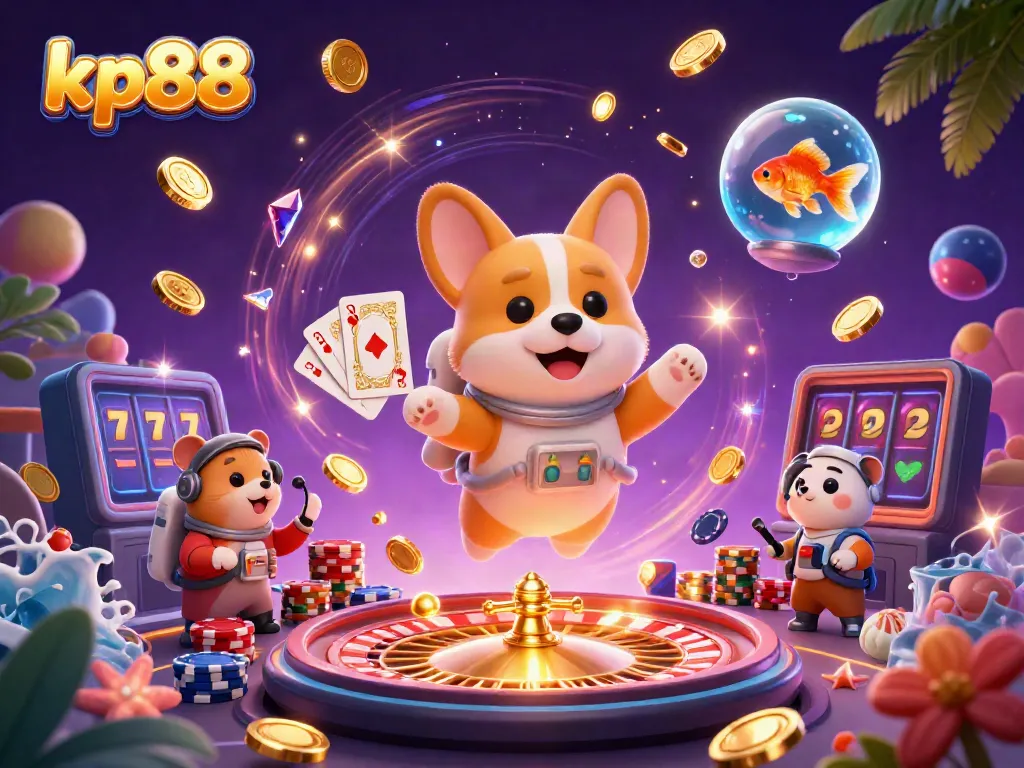 Engage with kp88 casino gaming as a floating corgi navigates a vibrant space station filled with casino elements.