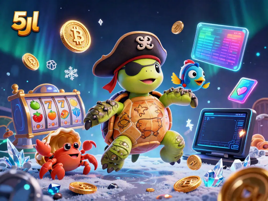 Engage with 5jl's vibrant online casino features depicting a pirate turtle, crab, and fish amid treasures.