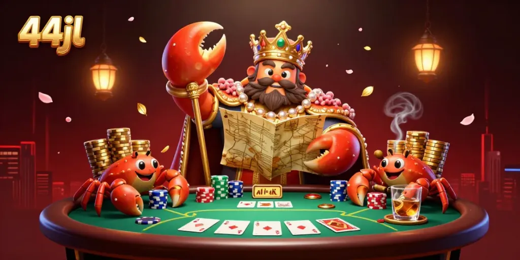 Experience dynamic gambling action at 44jl with a golden crab emperor, poker chips, and vibrant casino elements.