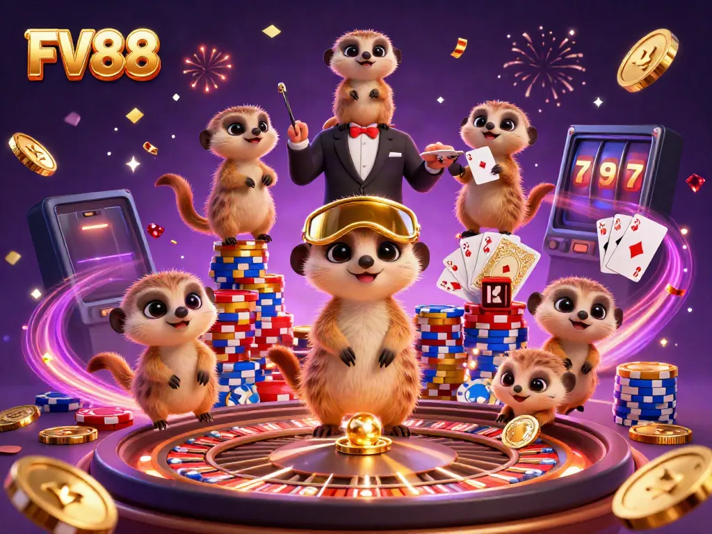 Experience the vibrant casino atmosphere at FV88 with dynamic meerkats celebrating and winning big!