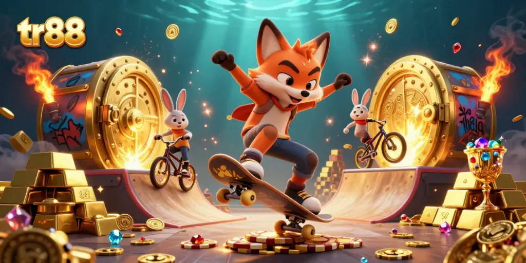 tr88 themed illustration with a fox skateboarder and a rabbit BMX rider in dynamic casino scene