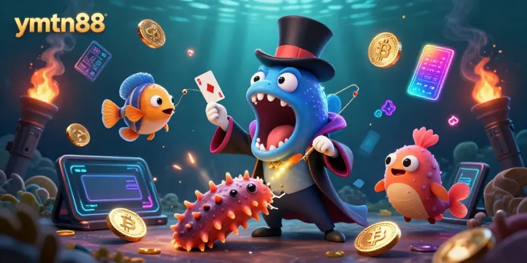 Experience exciting card tricks with ymtn88's deep-sea characters in a vibrant casino ocean.