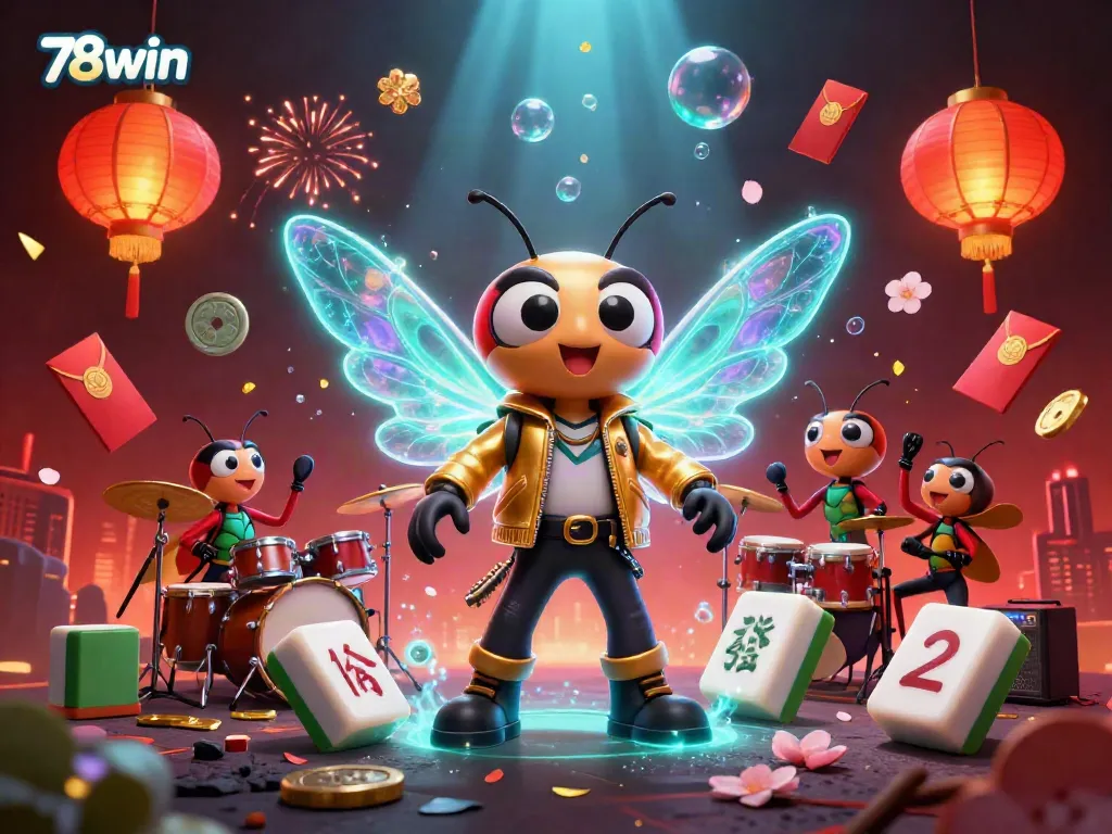 Engage in thrilling gameplay at 78win featuring a rock star cicada and vibrant casino elements.