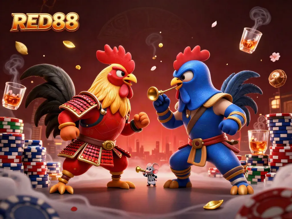 Intense showdown between roosters in samurai and ninja armor at RED88 casino.