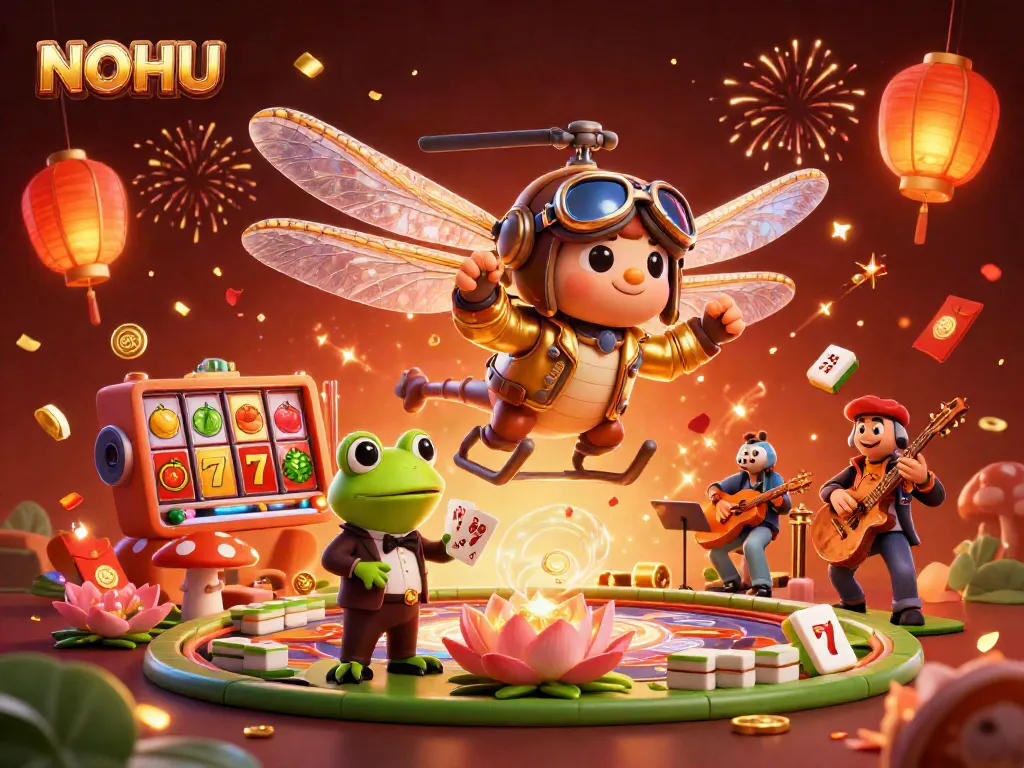 NOUH showcases a vibrant 3D online casino scene with animated characters engaging in thrilling slot games and card dealing.