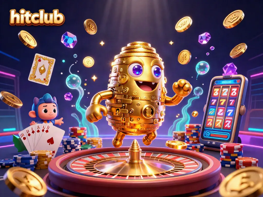 Engage with hitclub's thrilling gaming experience featuring a golden golem and vibrant casino elements.