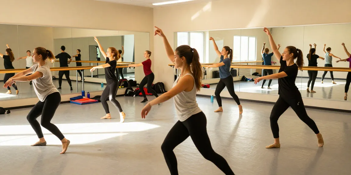 Group of dancers in rehearsal at kineticsynergydancecompany.com studio, showcasing teamwork and creativity.