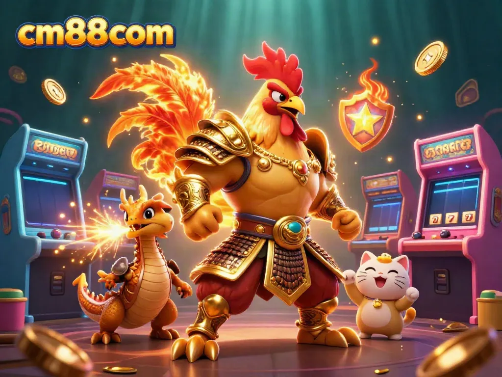 Engage with cm88com: fierce rooster warrior and dragon in dynamic online casino scene.