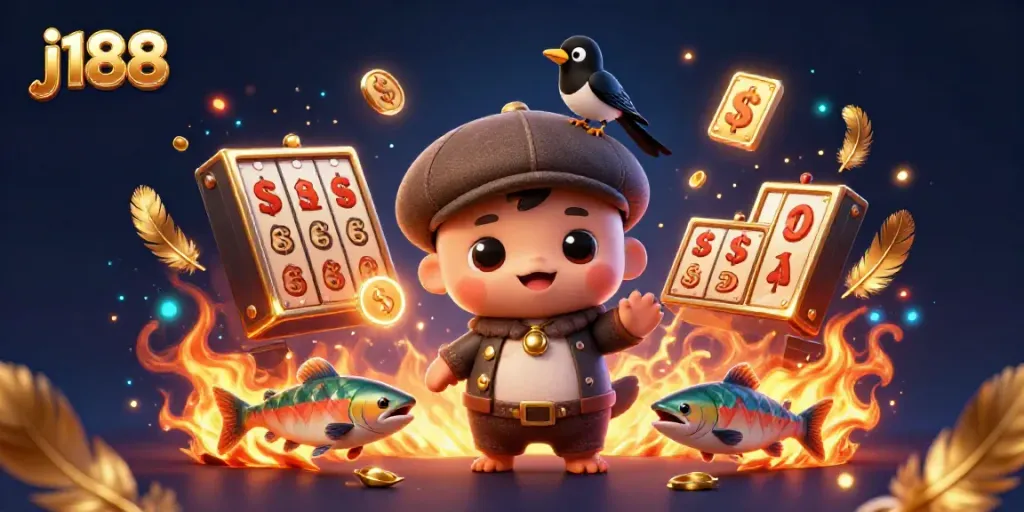 Engaging j188 slots-themed illustration featuring Nessie, a magpie, and salmon amidst dynamic casino elements.