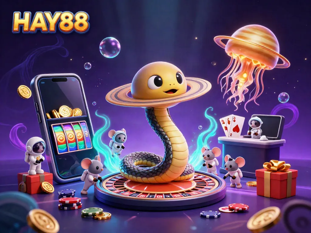 HAY88 players betting on a cosmic roulette wheel surrounded by vibrant casino elements.