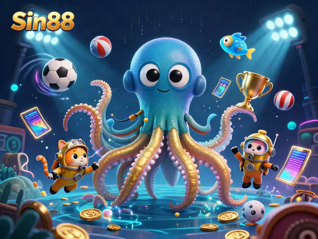 Experience thrilling gaming with Sin88 featuring a kraken, diving cat, and sports-themed elements in action.