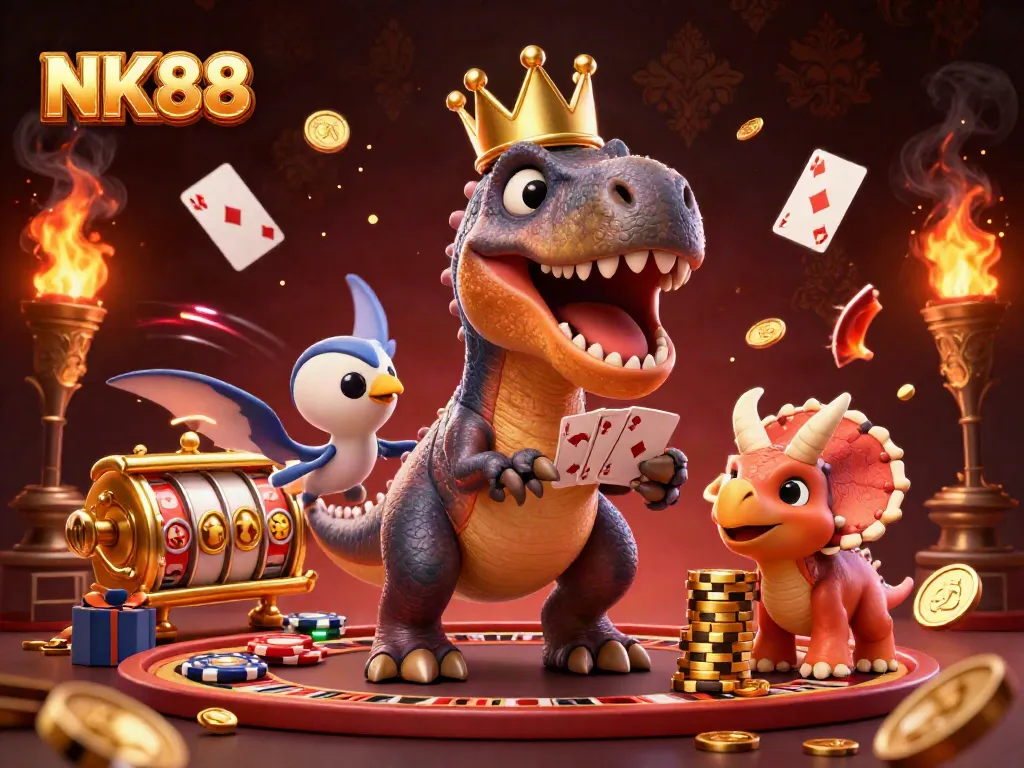Engage with NK88's lively casino world featuring a T-Rex shuffling cards and a Triceratops stacking chips.
