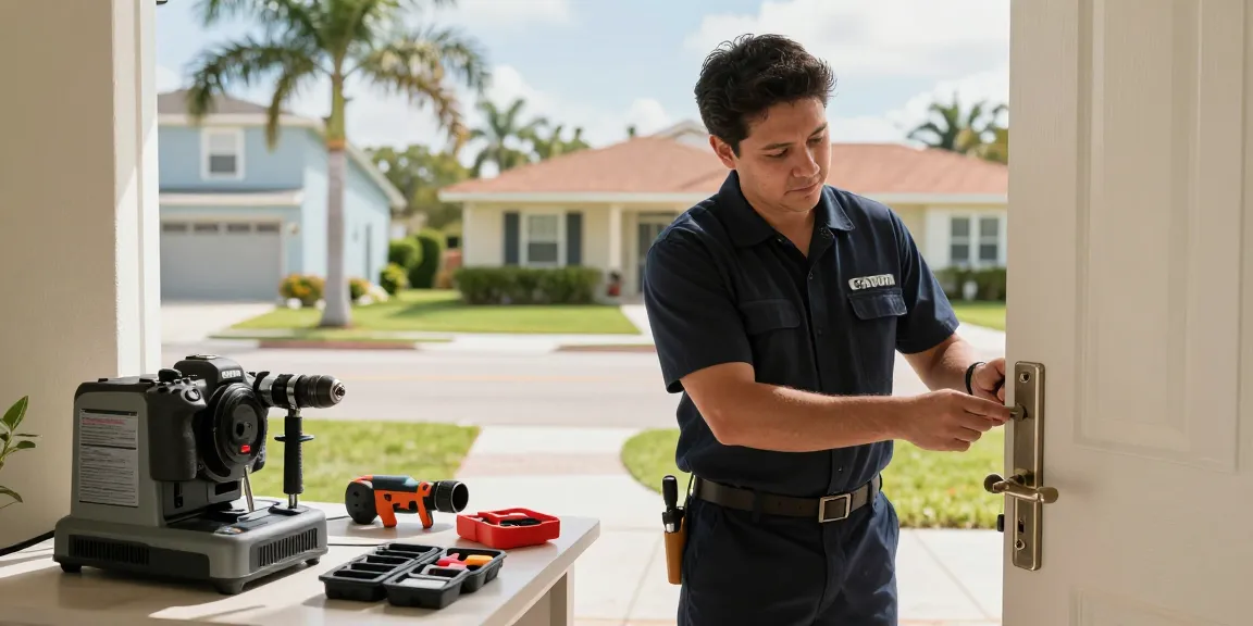 Local locksmith Fort Lauderdale repairing a residential door lock with tools and bright surroundings.