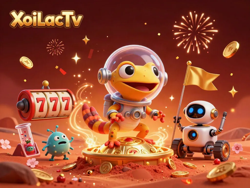 XoiLacTv shows a Martian gecko discovering a golden casino under Mars sand, surrounded by festive gambling elements.