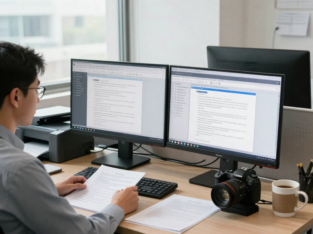 Document fraud detection analysis in an office, compliance officer reviewing data with AI technology.