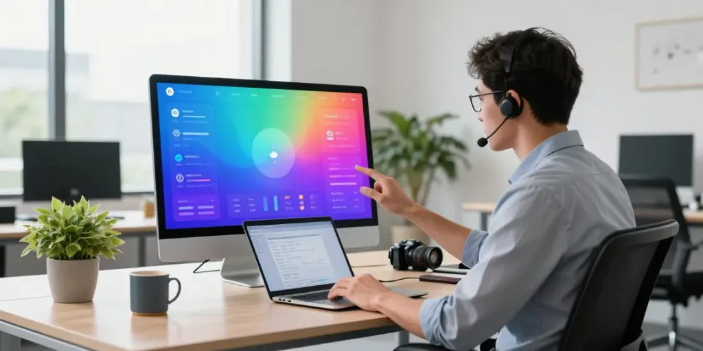 AI virtual receptionist setup in a modern office, showcasing technology and professionalism.