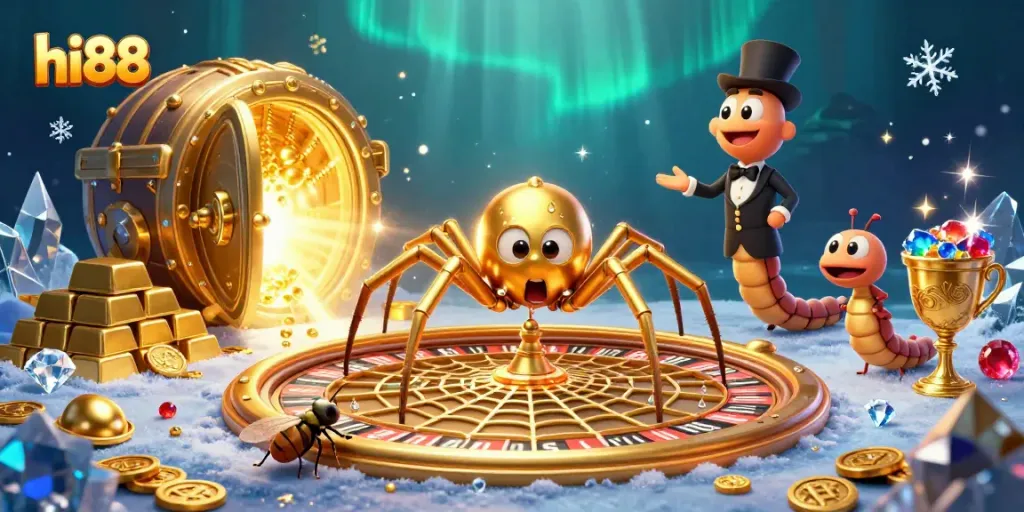Experience excitement with hi88 as a golden spider spins a roulette web in a vibrant casino scene