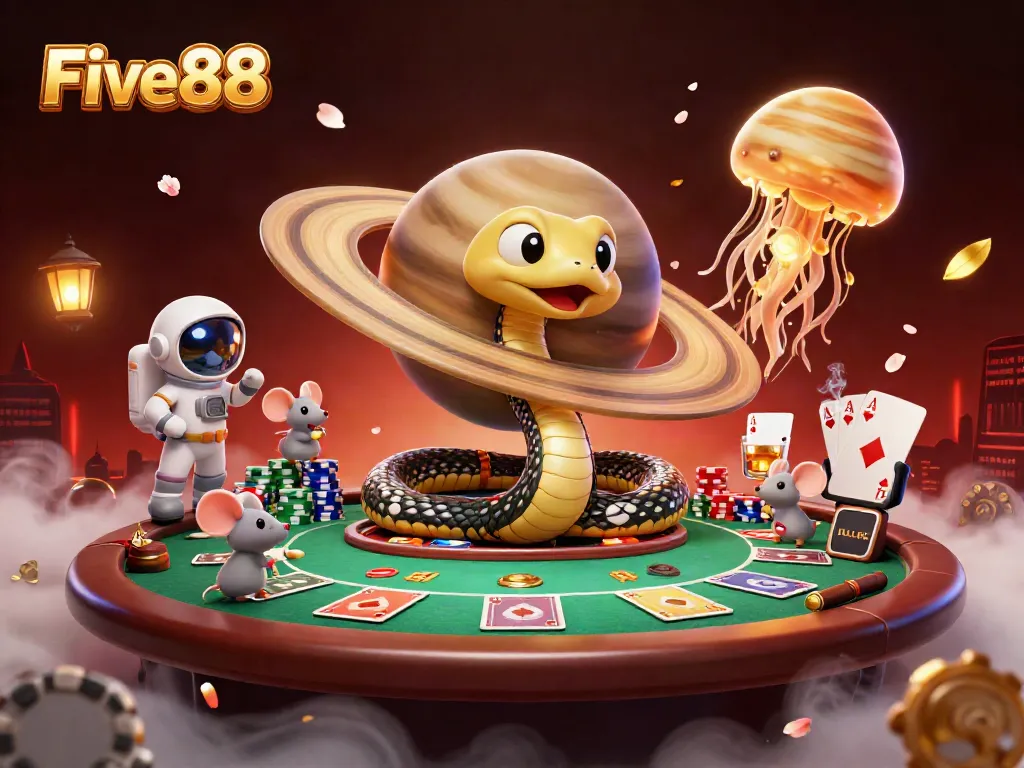 Experience the excitement of Five88 with this vibrant 3D scene of animated characters engaging in casino activities.