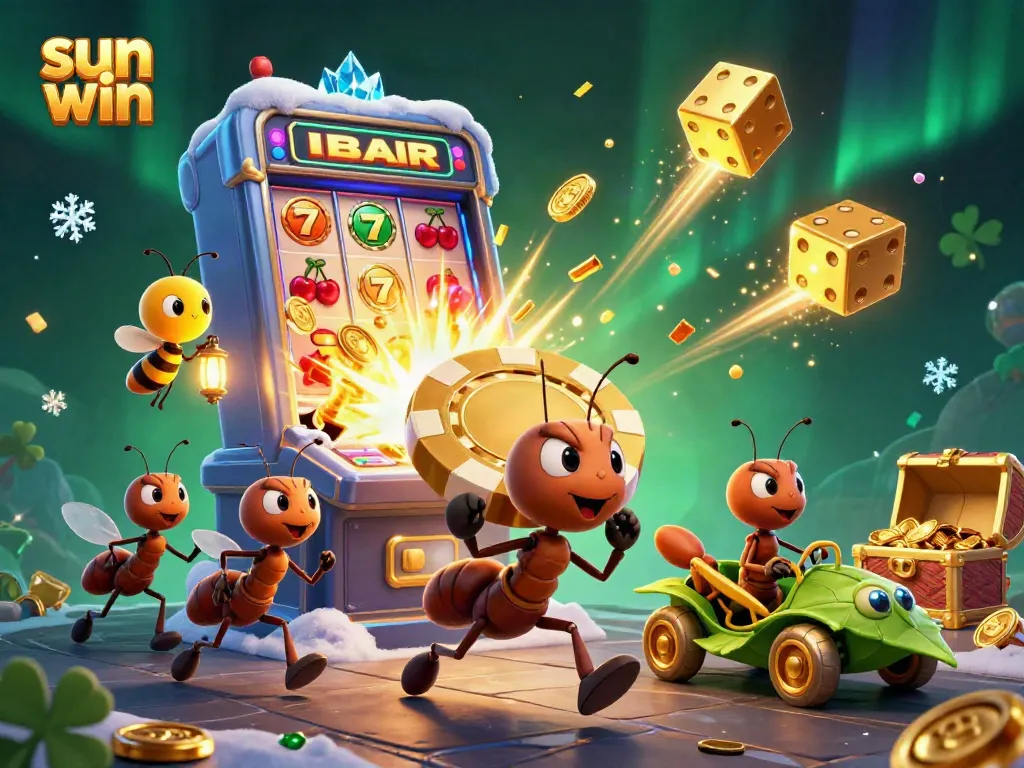 Experience the thrill of sun win as ants run away with a giant poker chip in a vibrant casino scene.