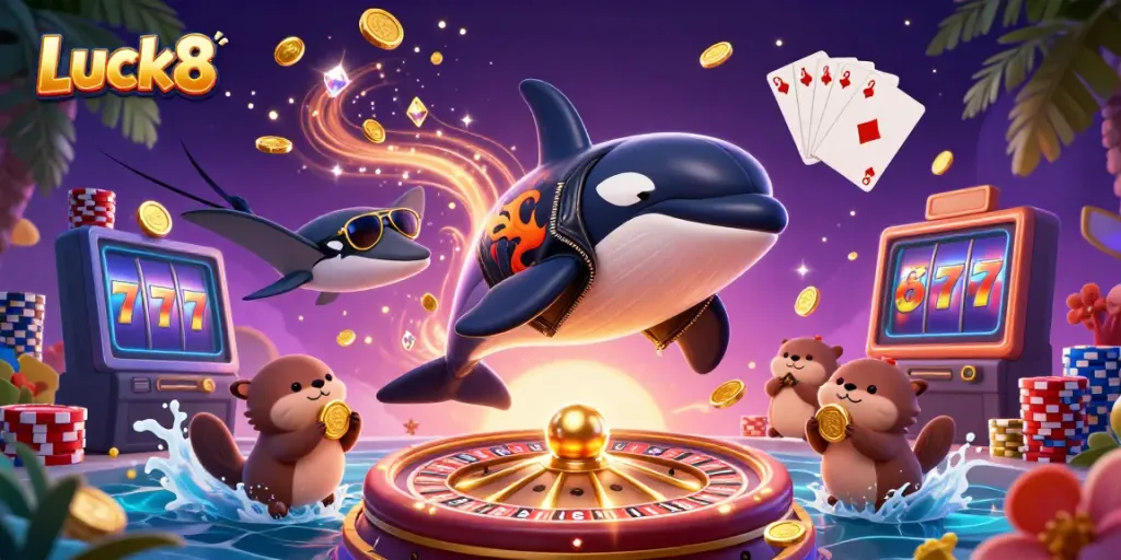 Luck8 showcases an exciting 3D orca in a biker jacket, flanked by a stingray and otters, amidst casino elements.