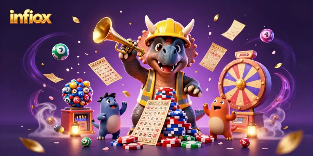 Experience the vibrant betting excitement with infiox as cartoon dinosaurs celebrate while gaming elements abound.