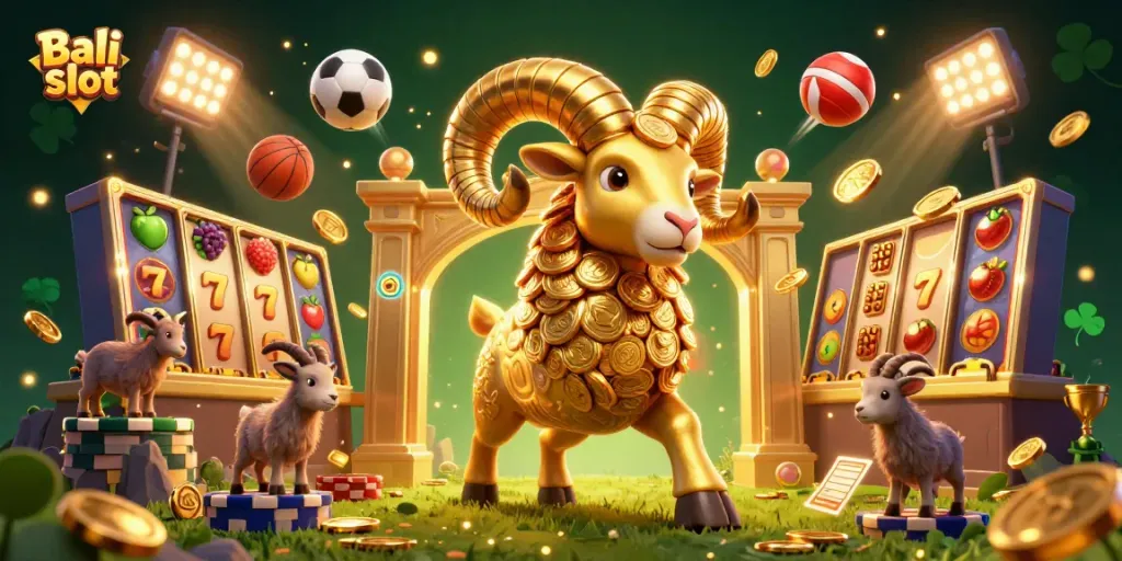 Bali slot scene featuring a golden ram charging at a gate, surrounded by colorful slot elements and sports balls.