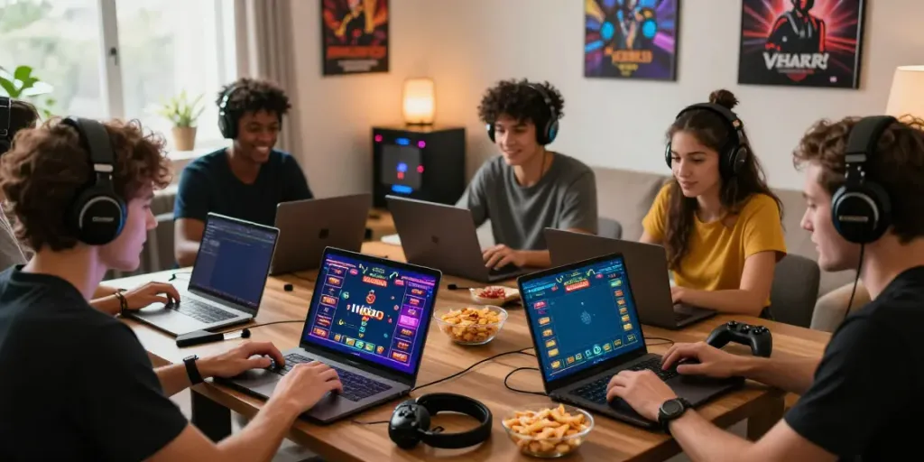 Friends enjoying online gaming session showcasing Link Alternatif Vegas88 in a cozy living room.
