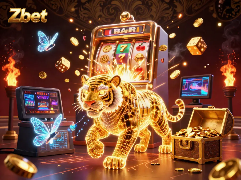 Experience Zbet's vibrant casino atmosphere with a golden tiger and jackpot excitement.