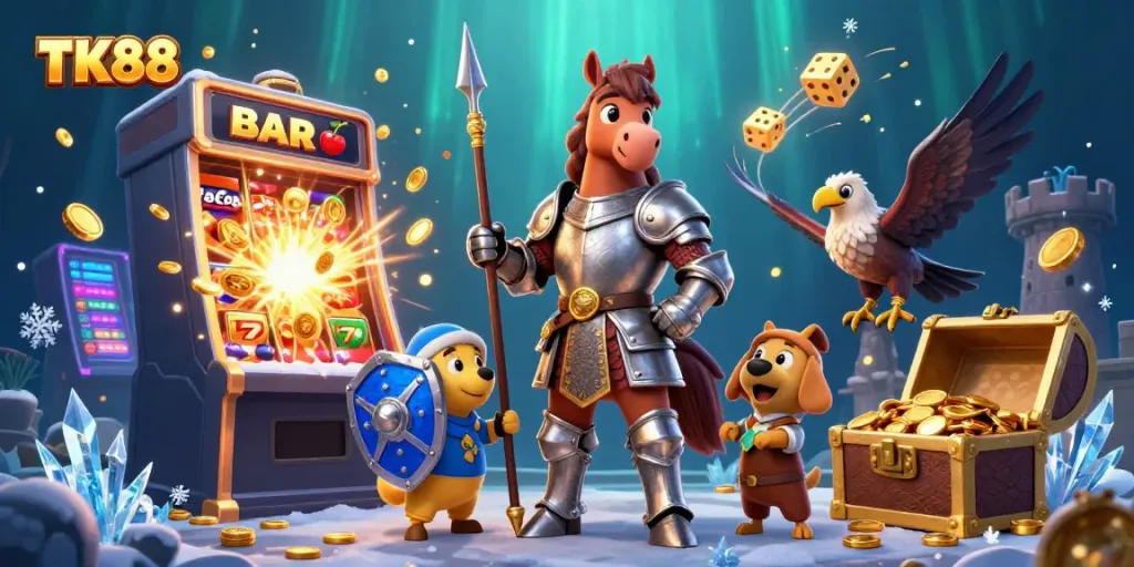 Experience excitement with TK88's vibrant 3D casino scene featuring knights and gaming elements.