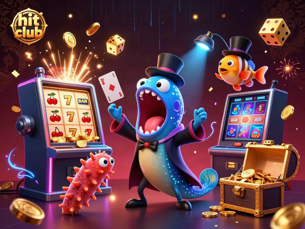 Experience the magic at hit club with vibrant characters and slot machines creating a casino wonderland.