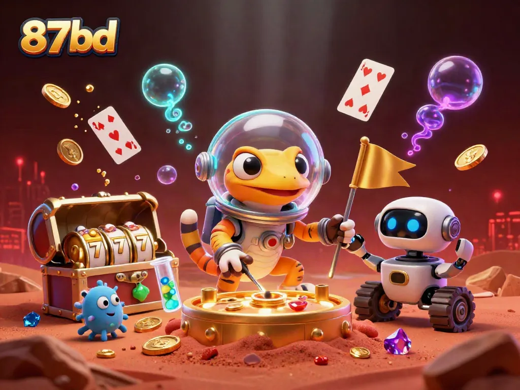 Experience thrilling gameplay with 87bd's animated casino adventure featuring a Martian gecko and treasures.