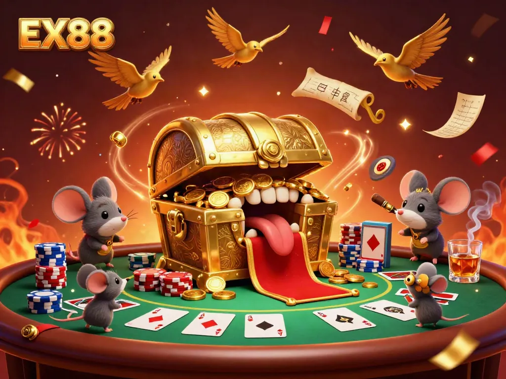 Experience the excitement of EX88 with a vibrant casino scene featuring poker elements and animated characters.