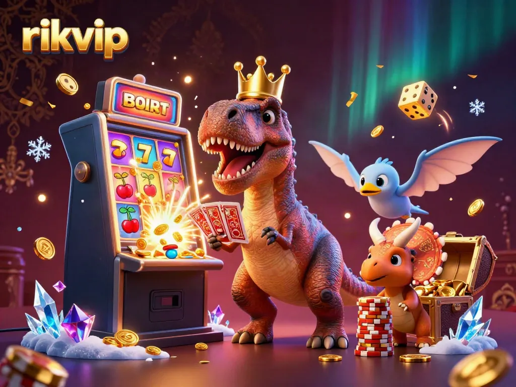 Experience the vibrant atmosphere of rikvip with a T-Rex and friends at a thrilling casino scene.