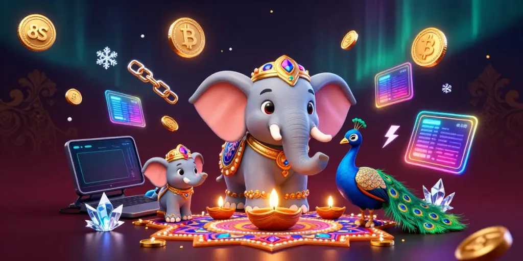 Experience thrilling 8S action in a vibrant, 3D casino-themed illustration with elephants and crypto coins.