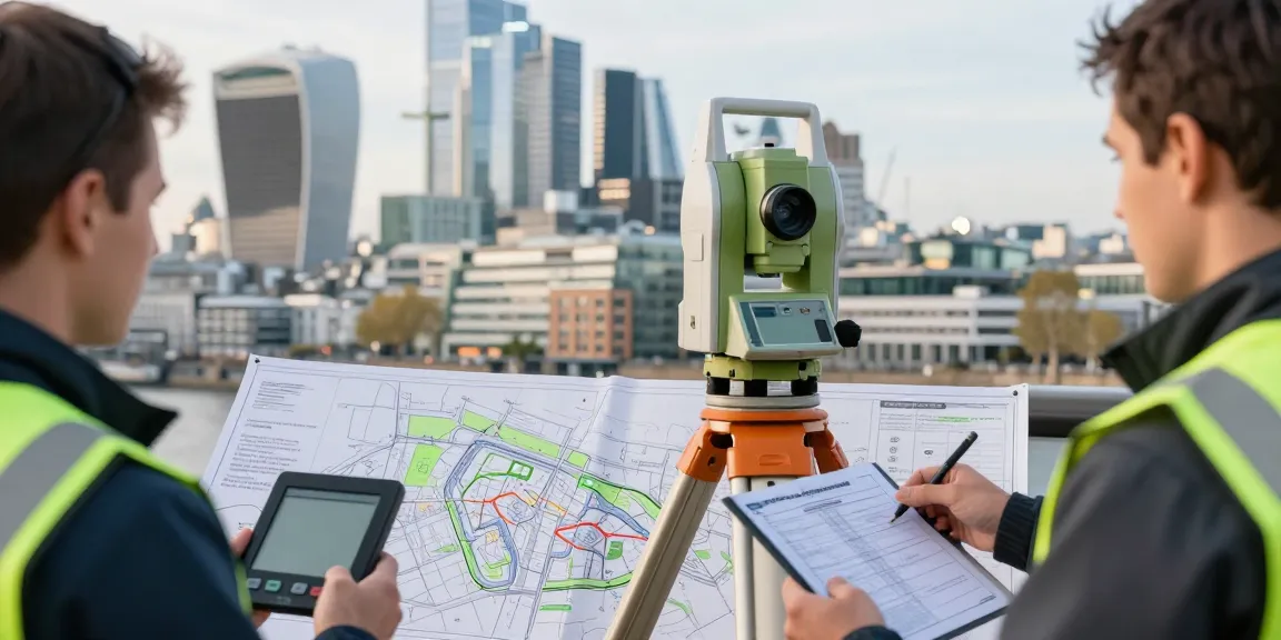 A team conducting a Topographical Survey London with GPS equipment against an urban backdrop.