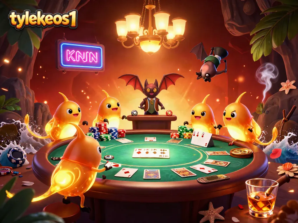 Witness tylekeos1's glowworms illuminate an enchanting cave casino scene filled with poker excitement.