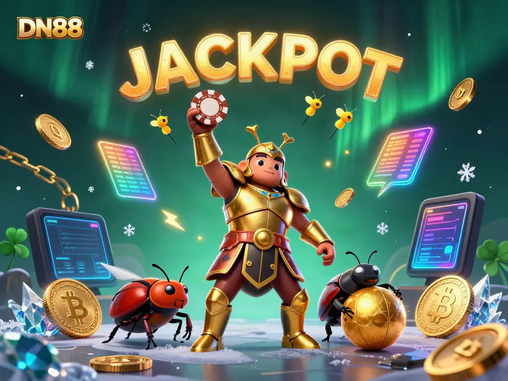 Experience thrilling gameplay with DN88, featuring a victorious beetle character among crypto coins in an exciting casino scene.