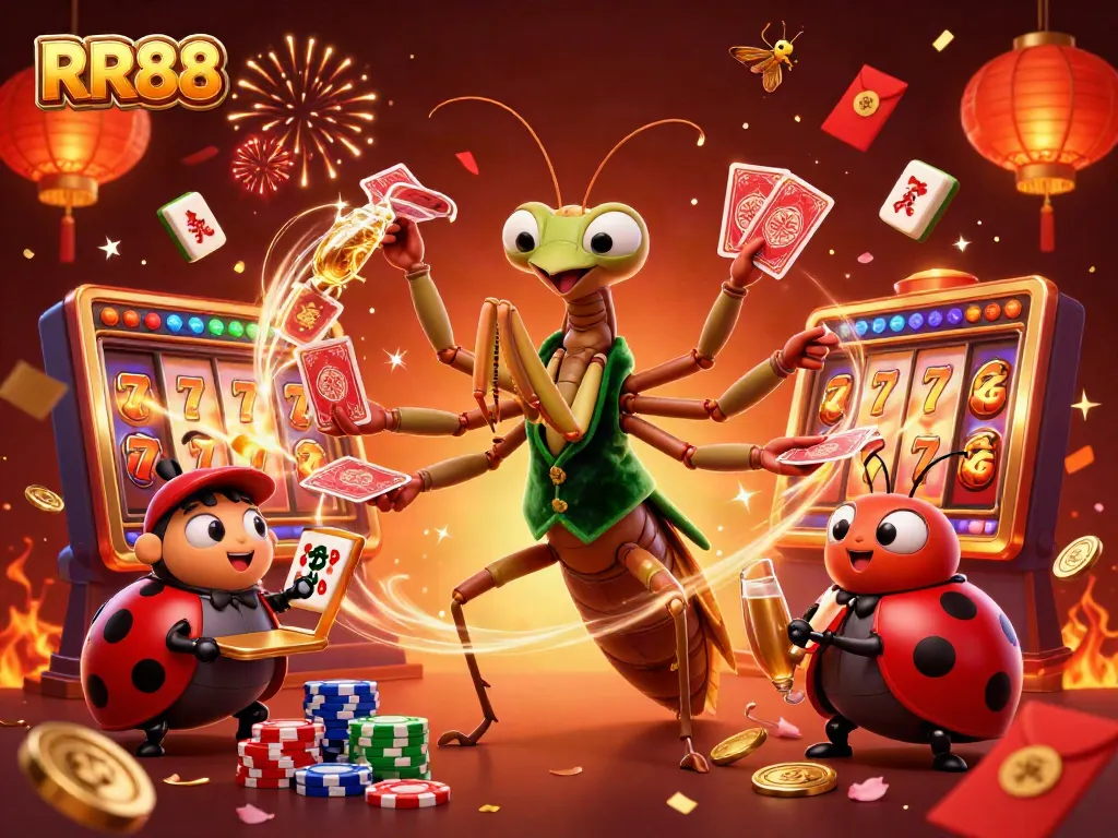 Experience the thrill of winning at RR88 with vibrant slot reels and a festive casino atmosphere.