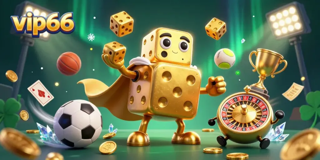 Experience the thrill with vip66's golden dice golem juggling dice amid vibrant sports elements and sparkling effects.