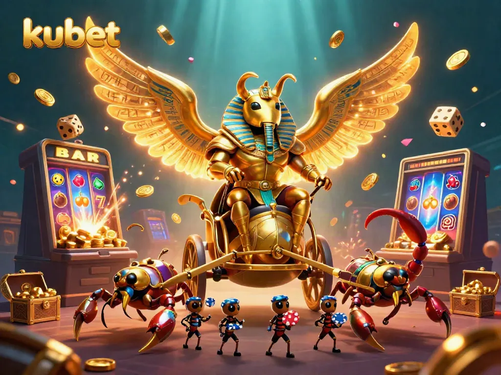 Engage with kubet's jackpot excitement featuring dynamic casino elements and a golden beetle hero.