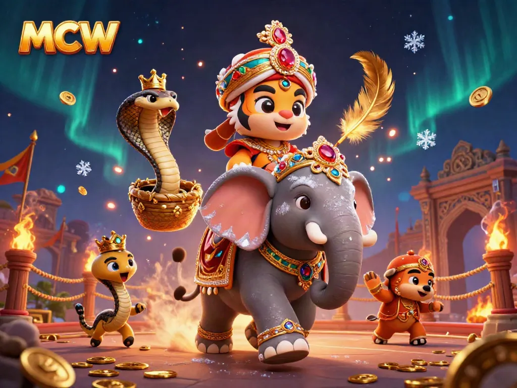 Experience the thrill of MCW with a majestic maharaja tiger, jewel-encrusted elephant, and cobra in a dynamic casino scene.