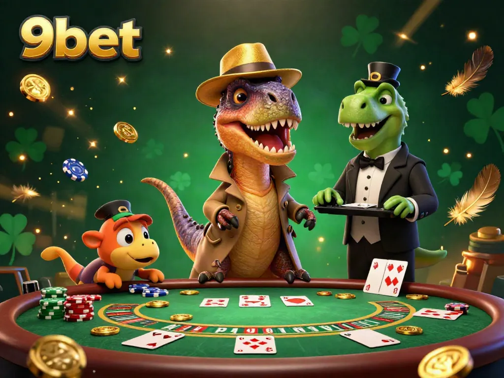 Experience thrilling gameplay at 9bet as a velociraptor card counter and friends at a bustling blackjack table.