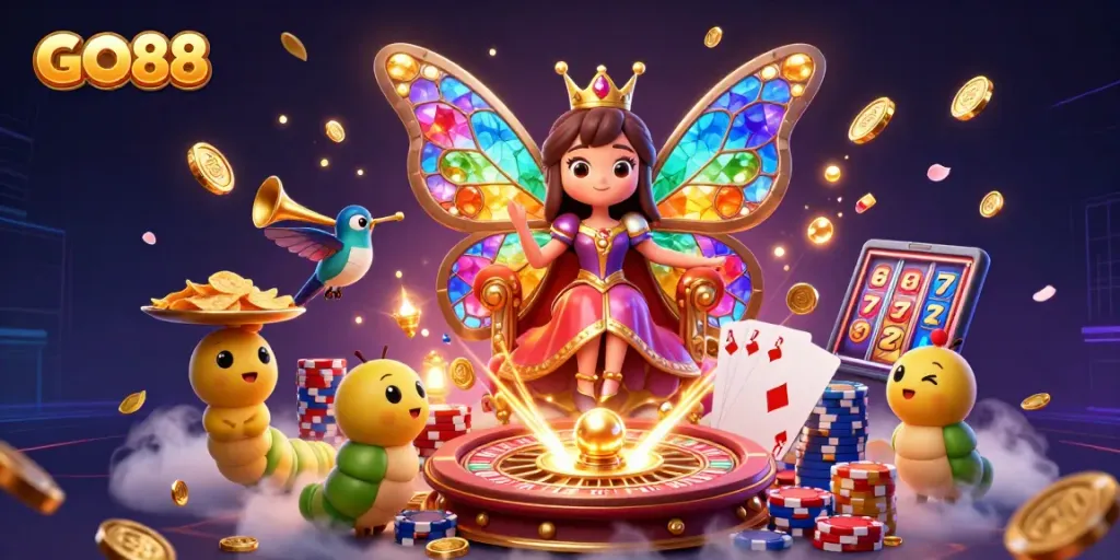 Experience GO88 with a vibrant 3D illustration of dynamic gaming elements and rich casino flair.