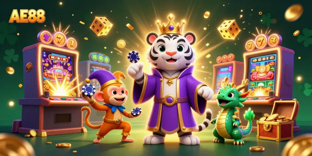 Experience the excitement of AE88 with a vibrant casino scene featuring a tiger and monkey amidst a jackpot explosion.